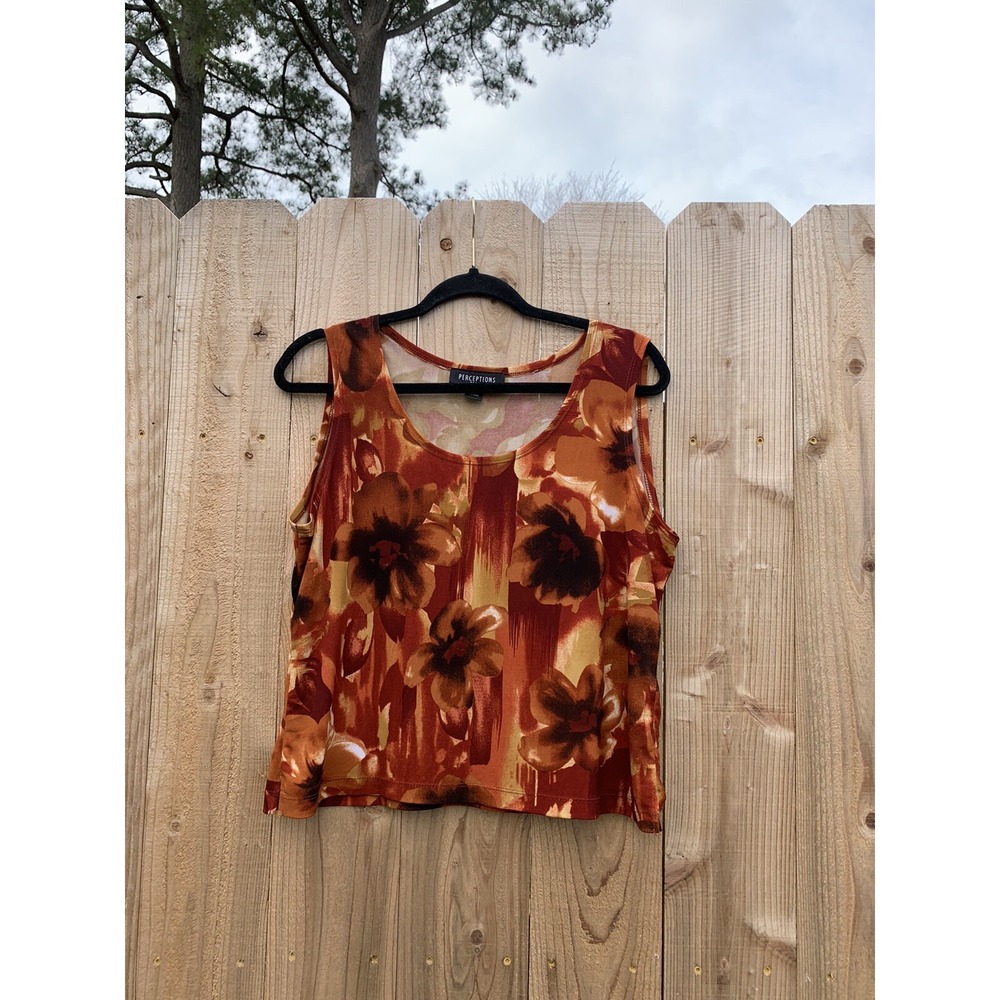 Perceptions Tank Top Blouse Women's 12p  Stretch fall Floral‎ Orange Brown
